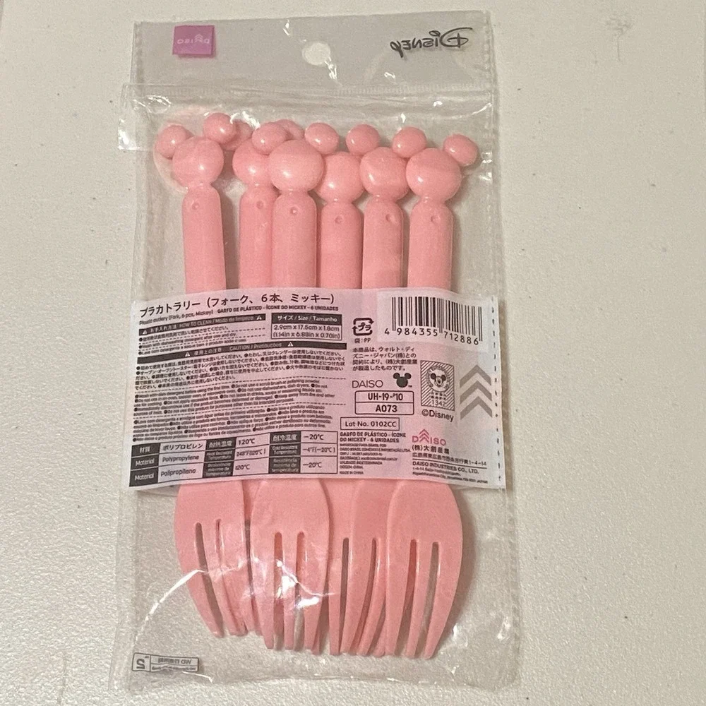 Daiso Disney‎ Mickey Mouse Pink Plastic Spoons + Forks 6 Pieces Each Pack